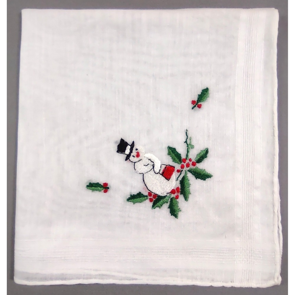 Vtg Christmas Handkerchief White Embroidered Snowman Holly Berries 10.25x10.75